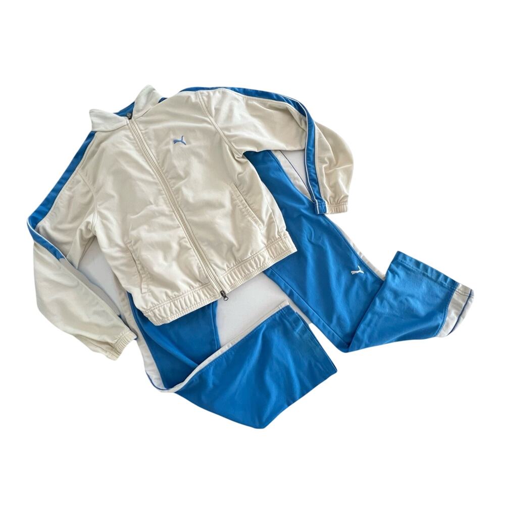 Y2K Puma Tracksuit 2 Piece Jacket Sweatpants Women’s Sz Medium Cream & Blue